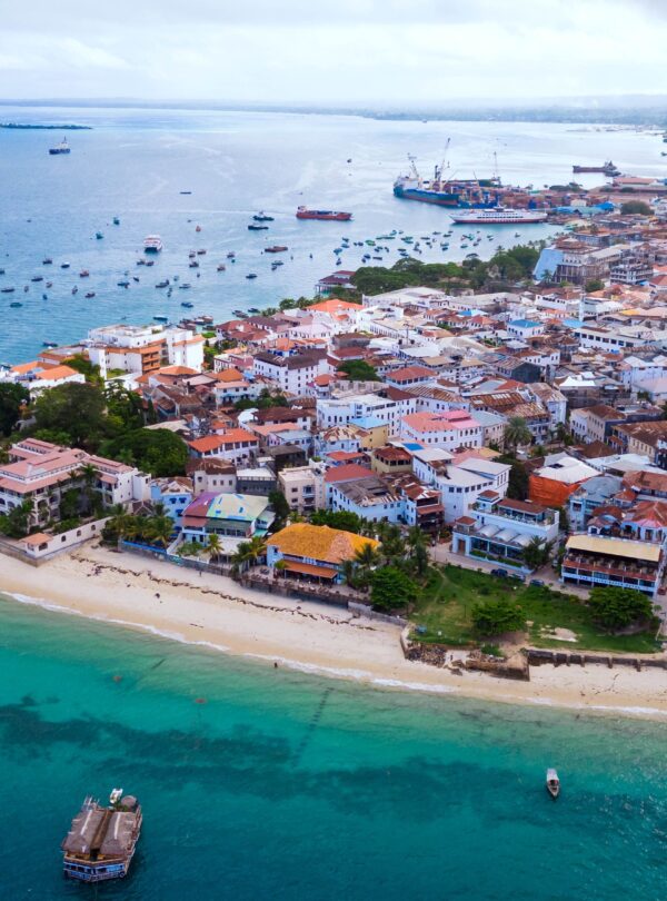 View of the tropical island of Zanzibar, featuring a serene bay